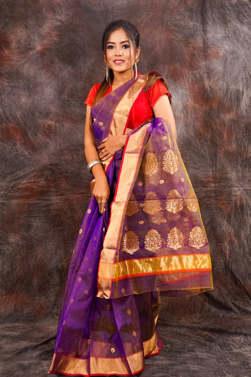 Chanderi silk purple saree with zari work nieshfashion