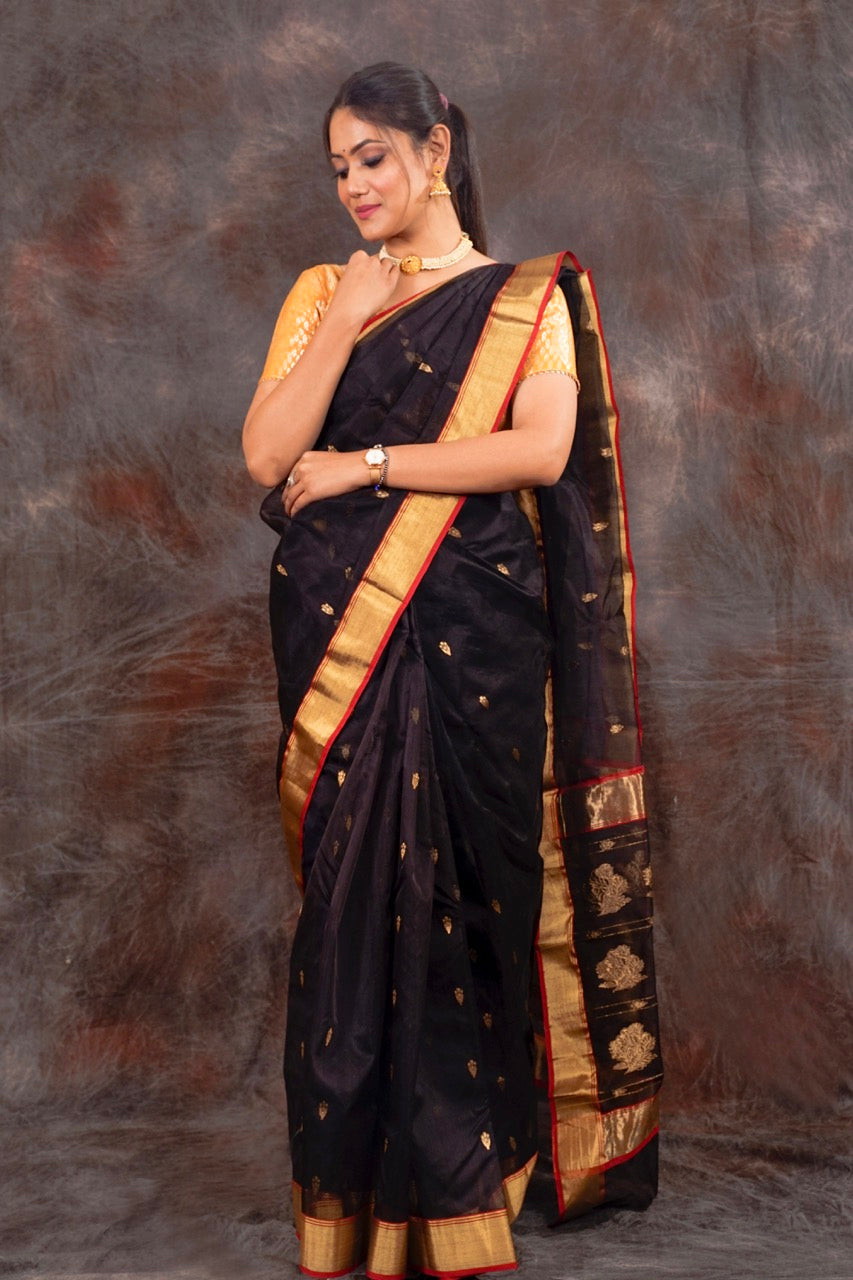 Chanderi black katan silk saree nieshfashion