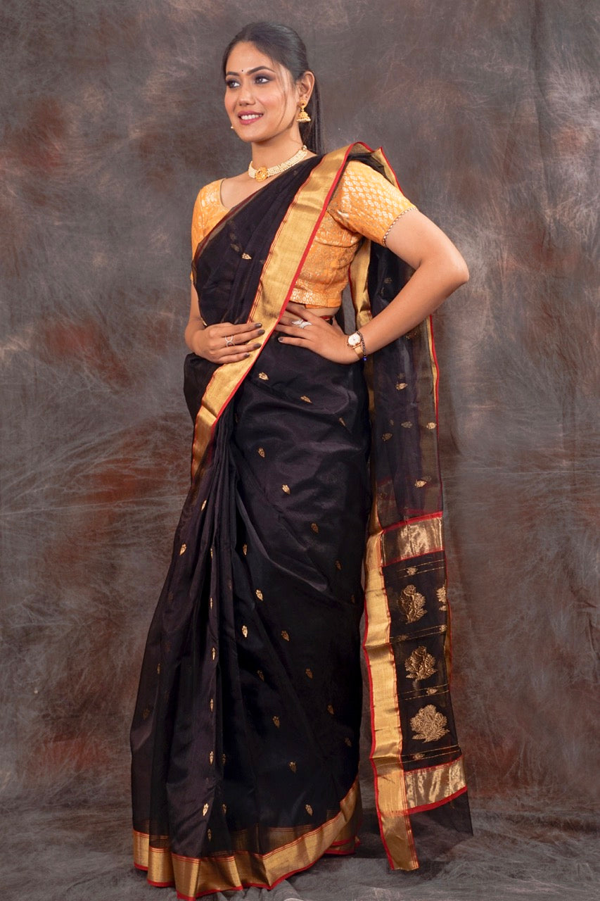 Chanderi black katan silk saree nieshfashion