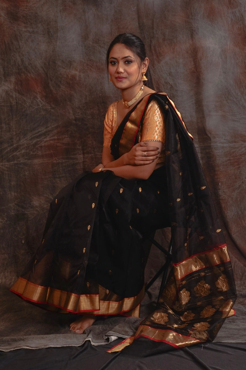 Chanderi black katan silk saree nieshfashion