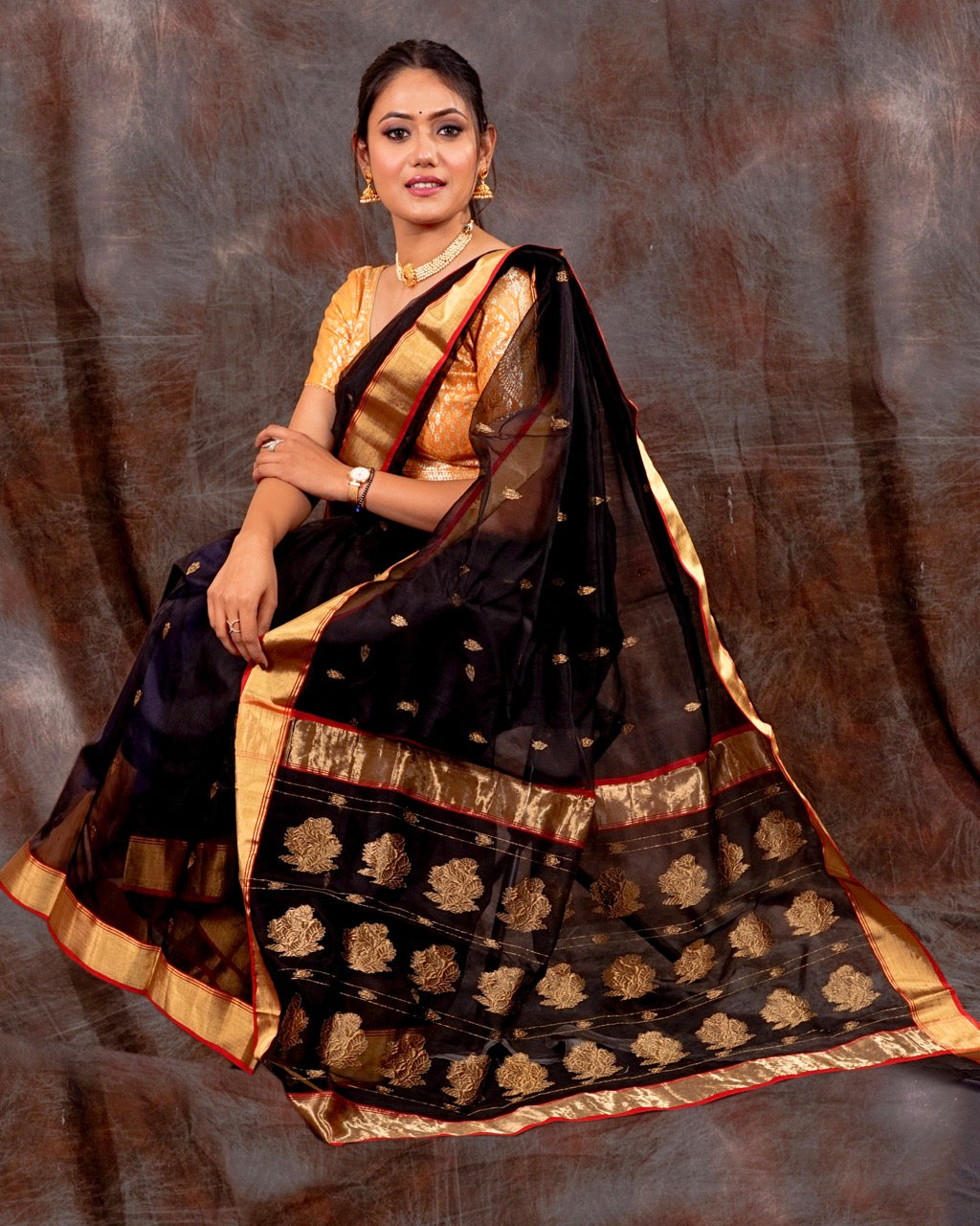 Chanderi black katan silk saree nieshfashion