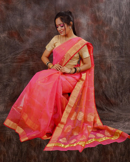 Chanderi pink katan silk saree with zari work nieshfashion