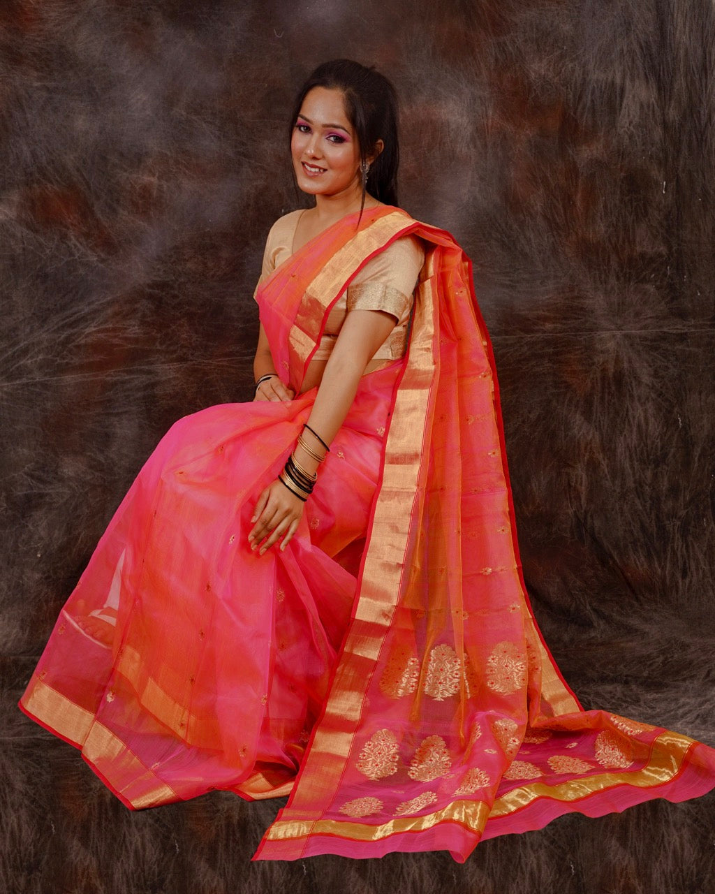 Chanderi pink katan silk saree with zari work nieshfashion