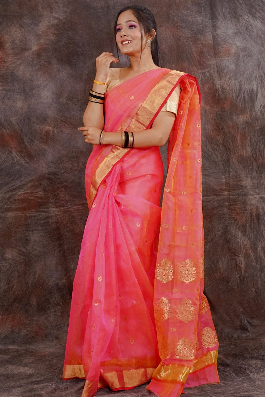 Chanderi pink katan silk saree with zari work nieshfashion