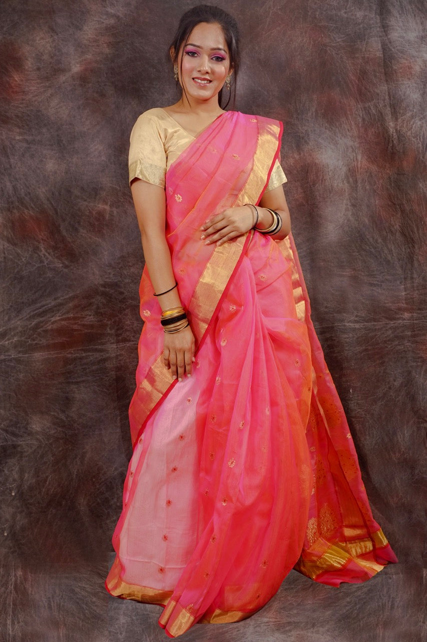 Hot Pink Handloom Chanderi pure Katan silk Saree with broad Gold Zari