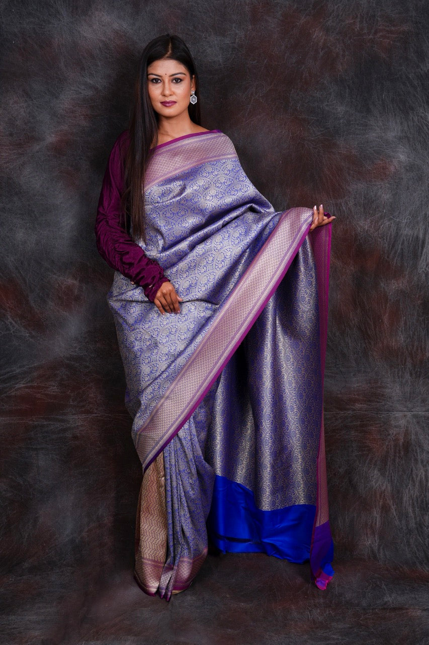 banarasi blue semi silk saree nieshfashion