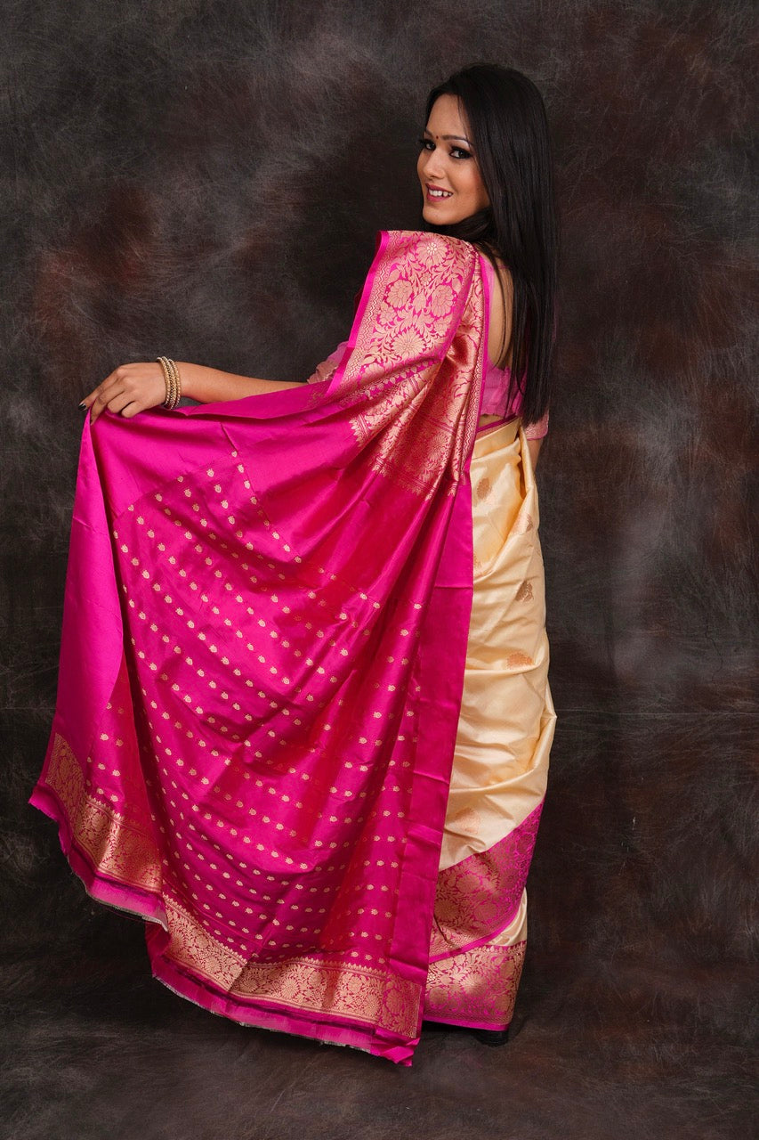 banarasi cream pure silk saree with kadwa work nieshfashion