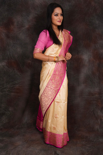 banarasi cream pure silk saree with kadwa work nieshfashion