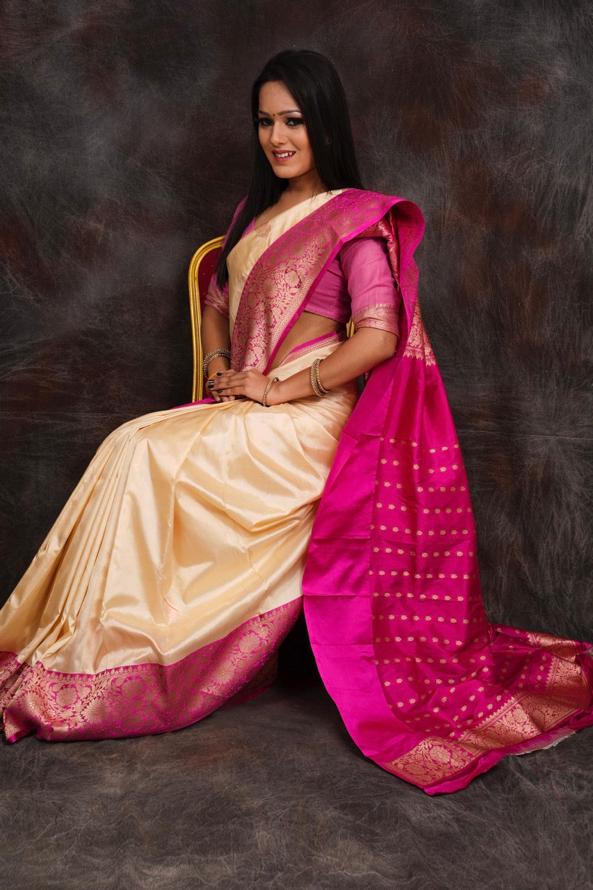 banarasi cream pure silk saree with kadwa work nieshfashion