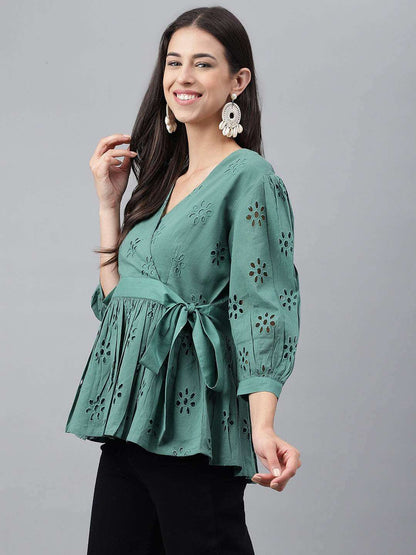 Green Cotton Schiffli Peplum Top