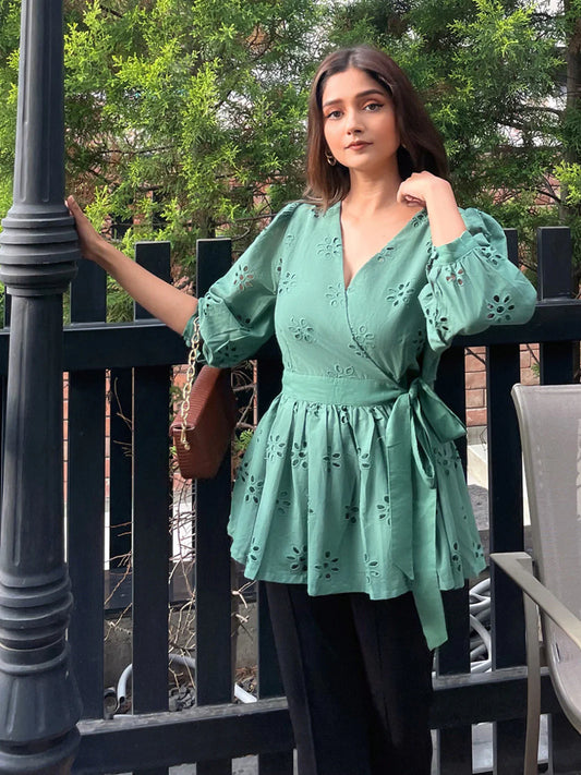 Green Cotton Schiffli Peplum Top