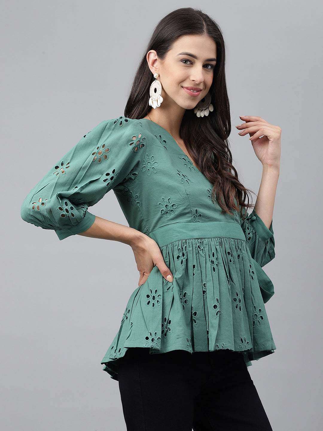 Green Cotton Schiffli Peplum Top