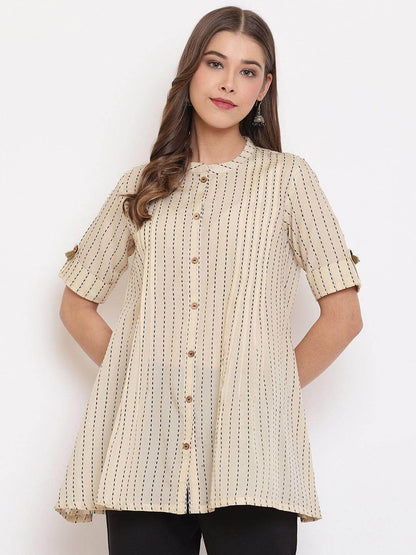 Cream Cotton Striped Pleated Top