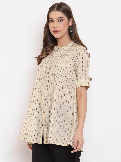 Cream Cotton Striped Pleated Top