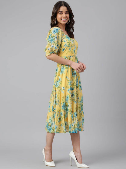 Yellow Georgette Floral Print Flared Western Dress