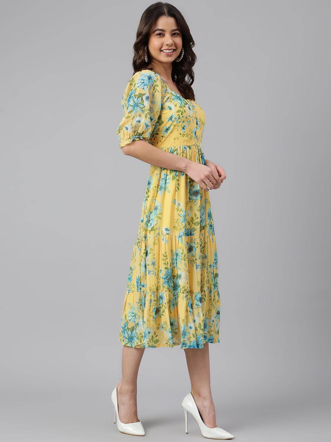 Yellow Georgette Floral Print Flared Western Dress