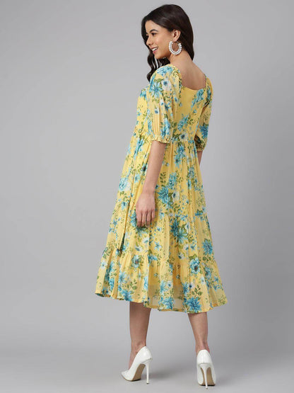 Yellow Georgette Floral Print Flared Western Dress