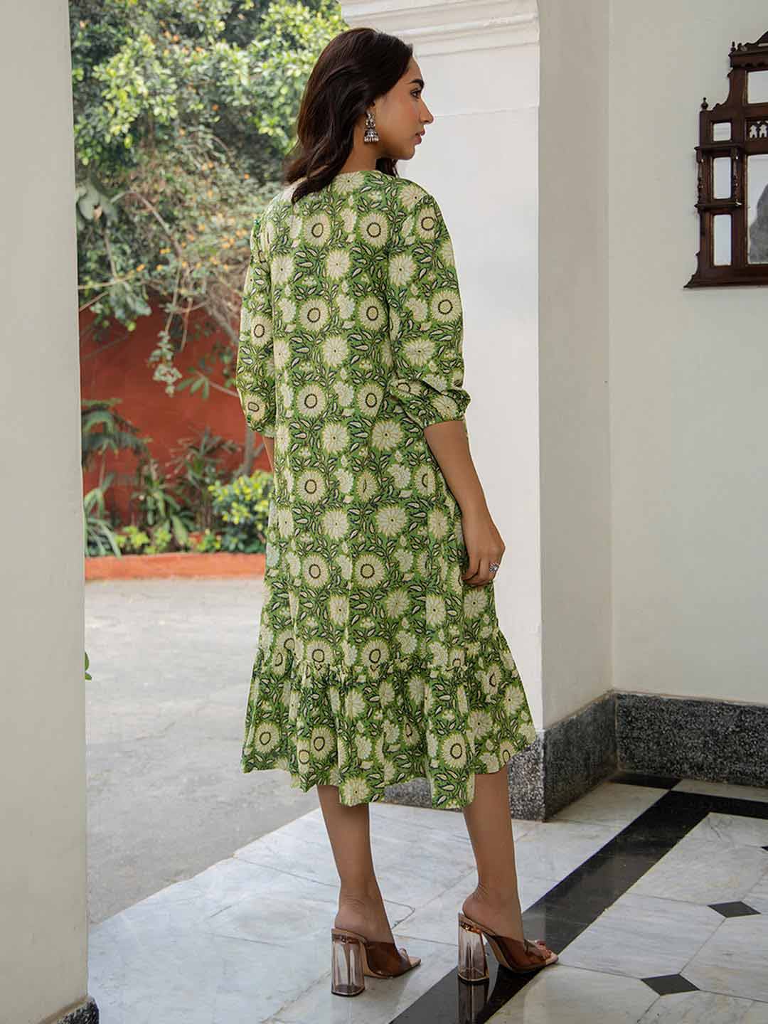 Green Cotton Floral A-Line Dress