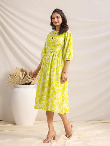 Lime Cotton Floral Gathered Dress