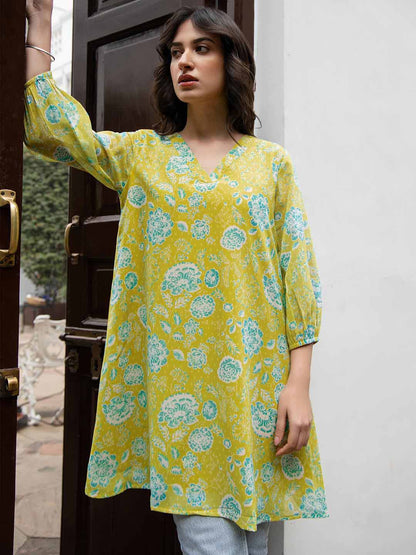 Lime Yellow Georgette Floral Regular Tunic