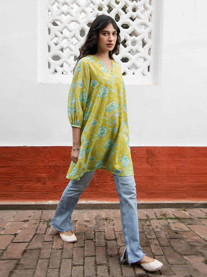 Lime Yellow Georgette Floral Regular Tunic