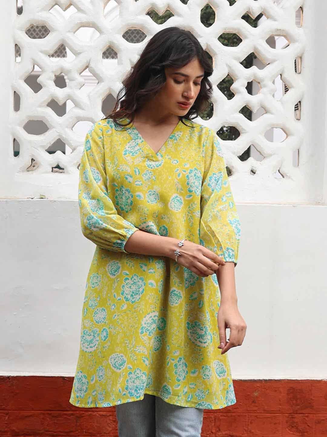 Lime Yellow Georgette Floral Regular Tunic