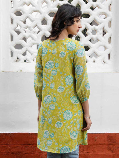 Lime Yellow Georgette Floral Regular Tunic