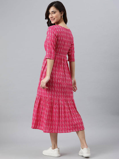 Pink Cotton Woven Design Tiered Western Dress