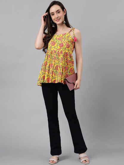 Yellow Cotton Floral Print Peplum Top