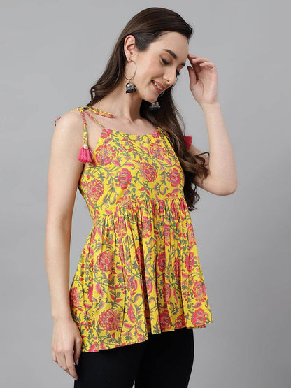 Yellow Cotton Floral Print Peplum Top