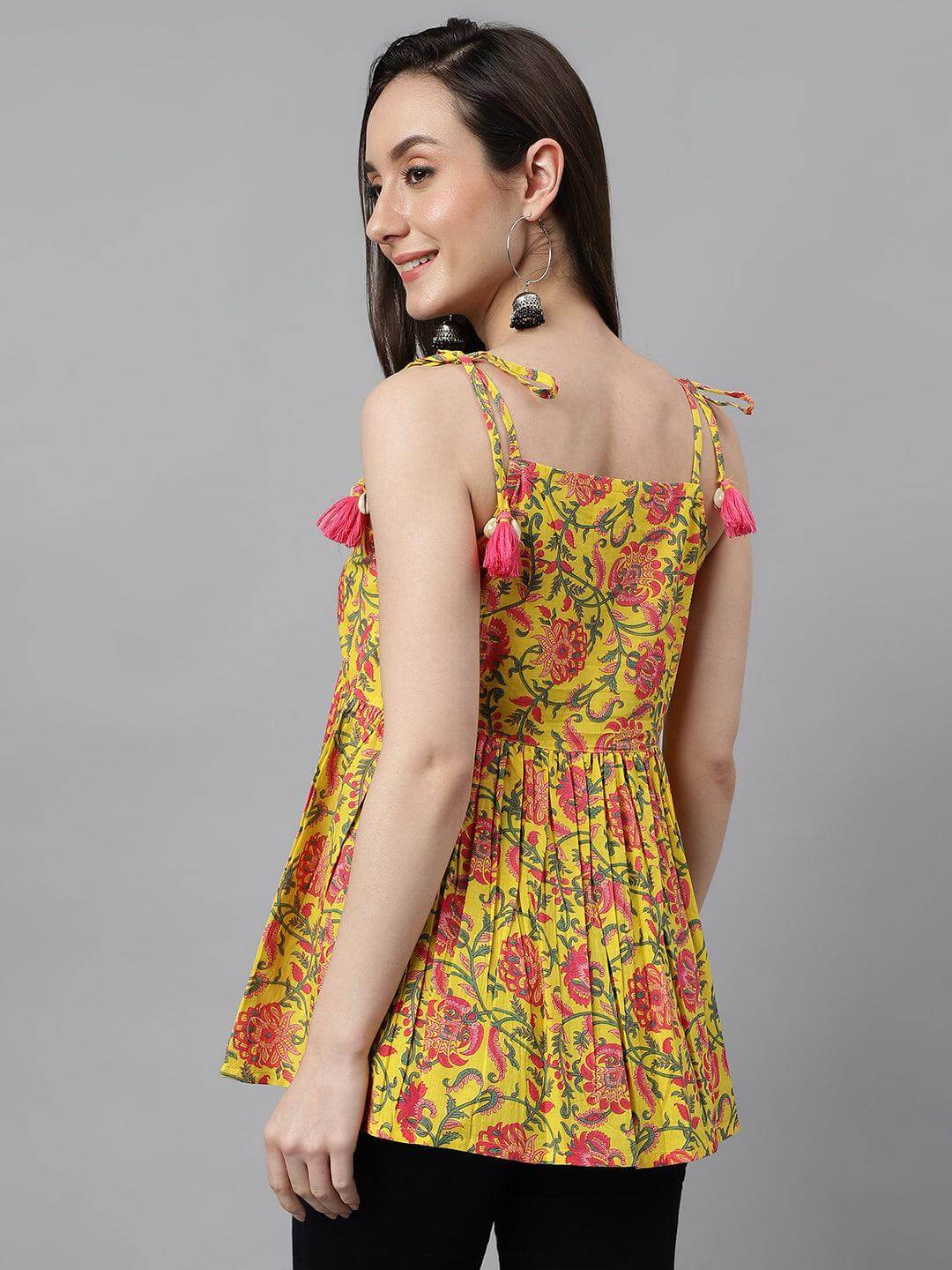 Yellow Cotton Floral Print Peplum Top