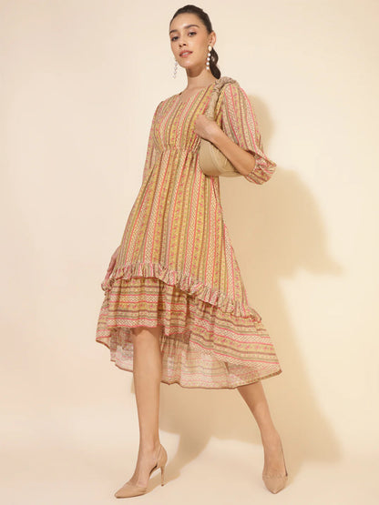 Yellow Dobby Georgette Printed High Low Dress