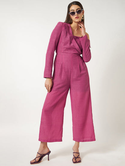 Pink Solid Stylish Collar One-Shoulder Jumpsuit