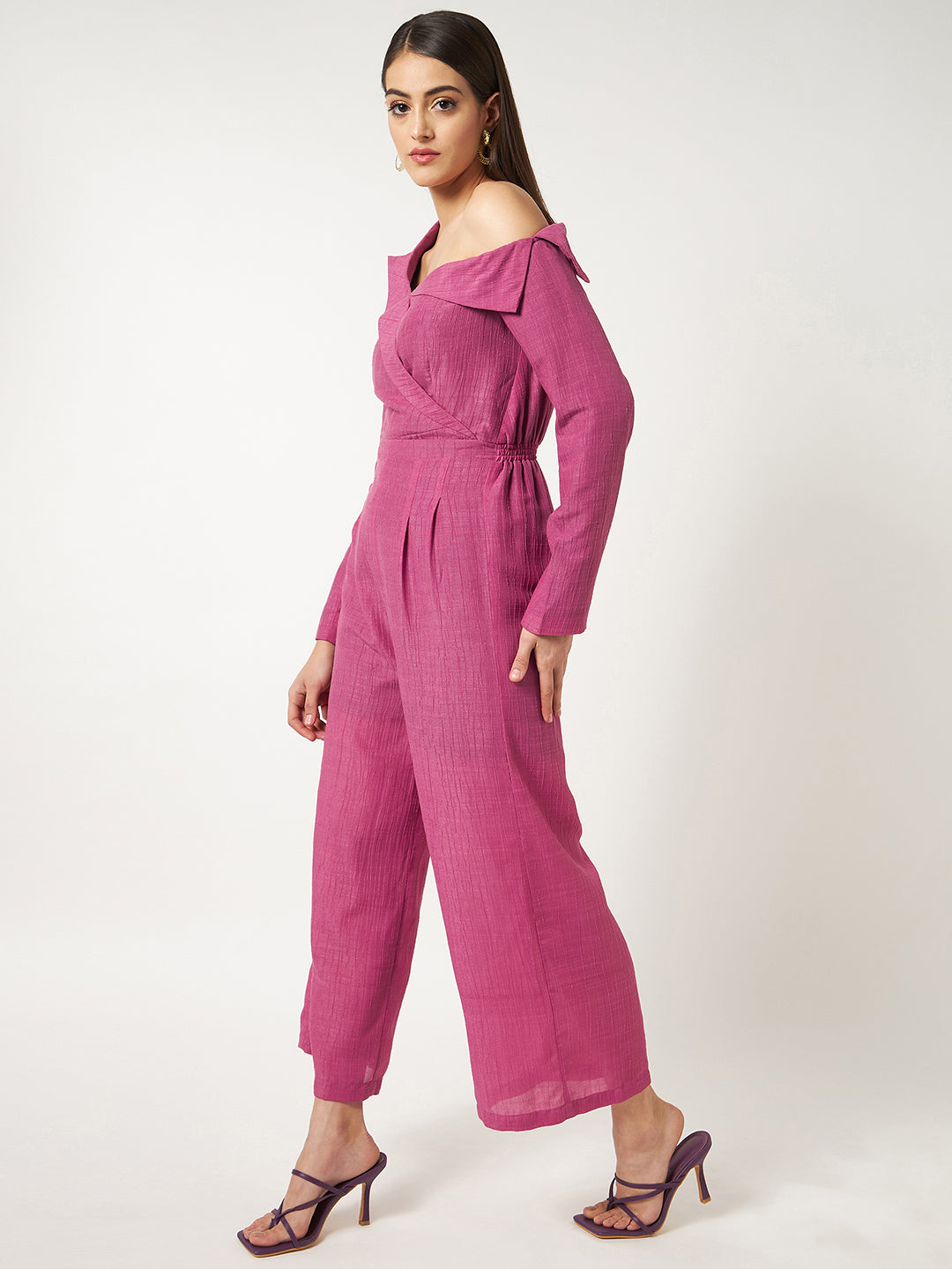 Pink Solid Stylish Collar One-Shoulder Jumpsuit