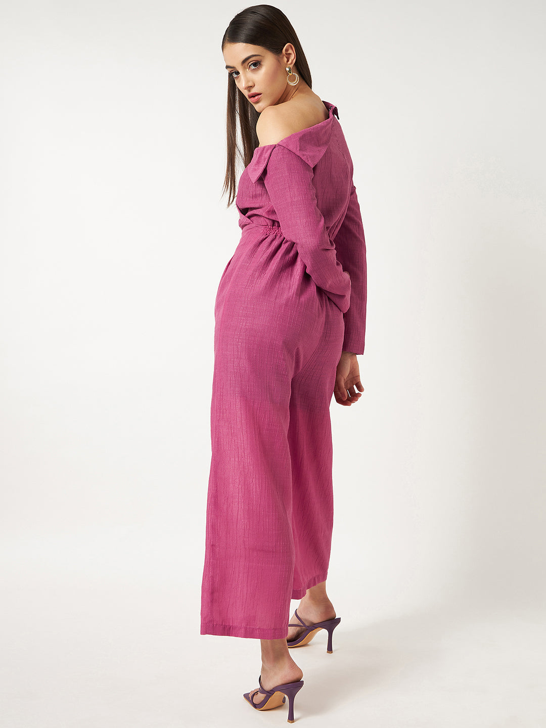 Pink Solid Stylish Collar One-Shoulder Jumpsuit