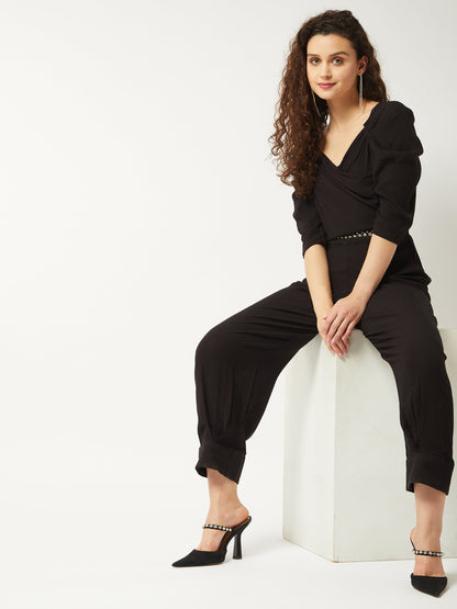 Black Solid Ruffle Sleeves Stylish Jumpsuit