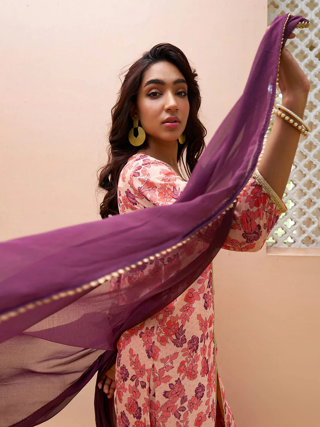 Peach Georgette Digital Floral Printed Kurta with Sharara and Dupatta