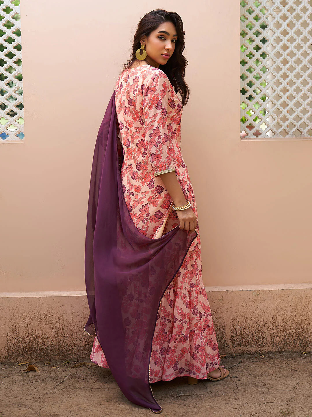 Peach Georgette Digital Floral Printed Kurta with Sharara and Dupatta