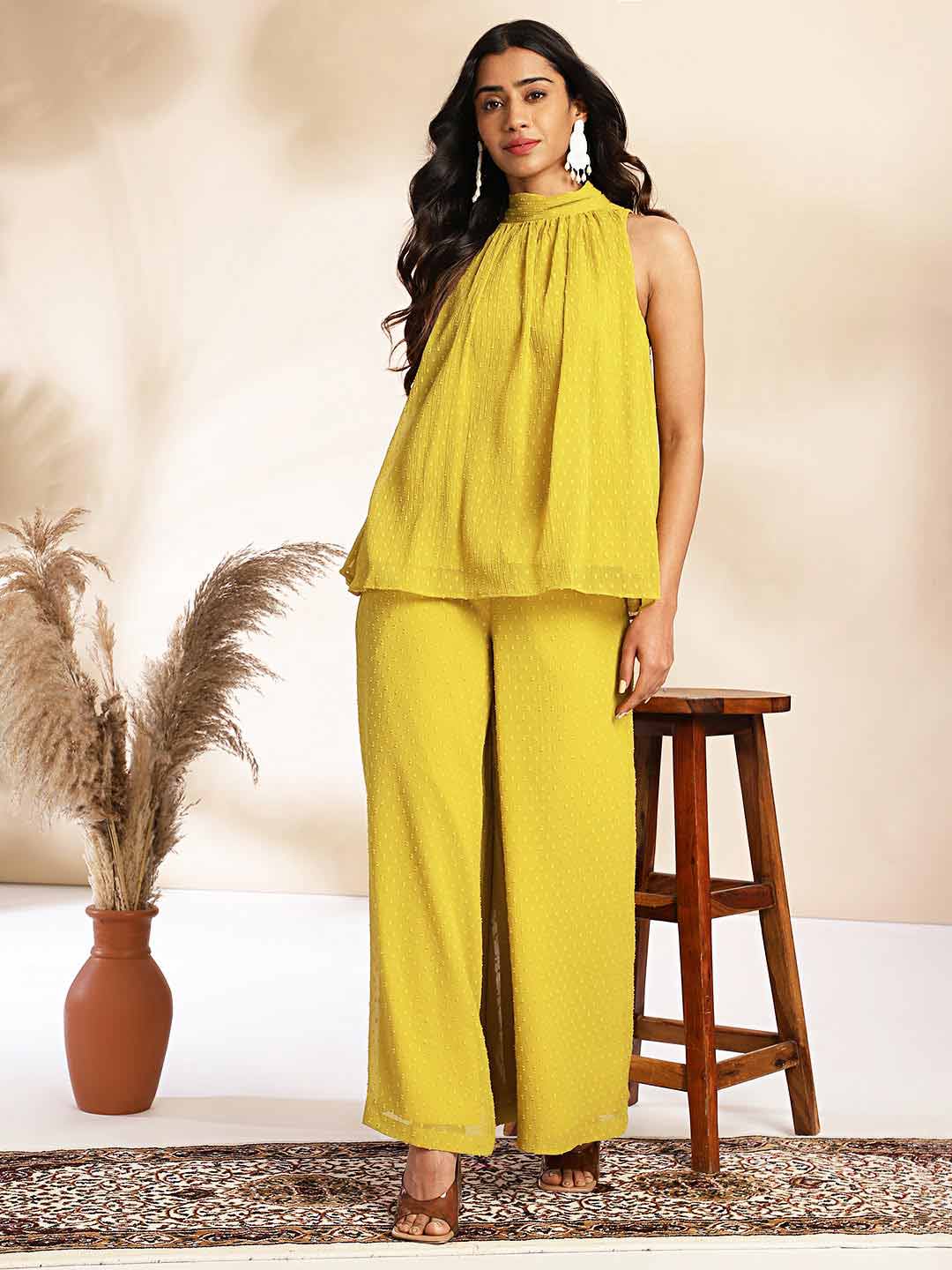 Yellow Dobby Chiffon Solid Co-Ord Set