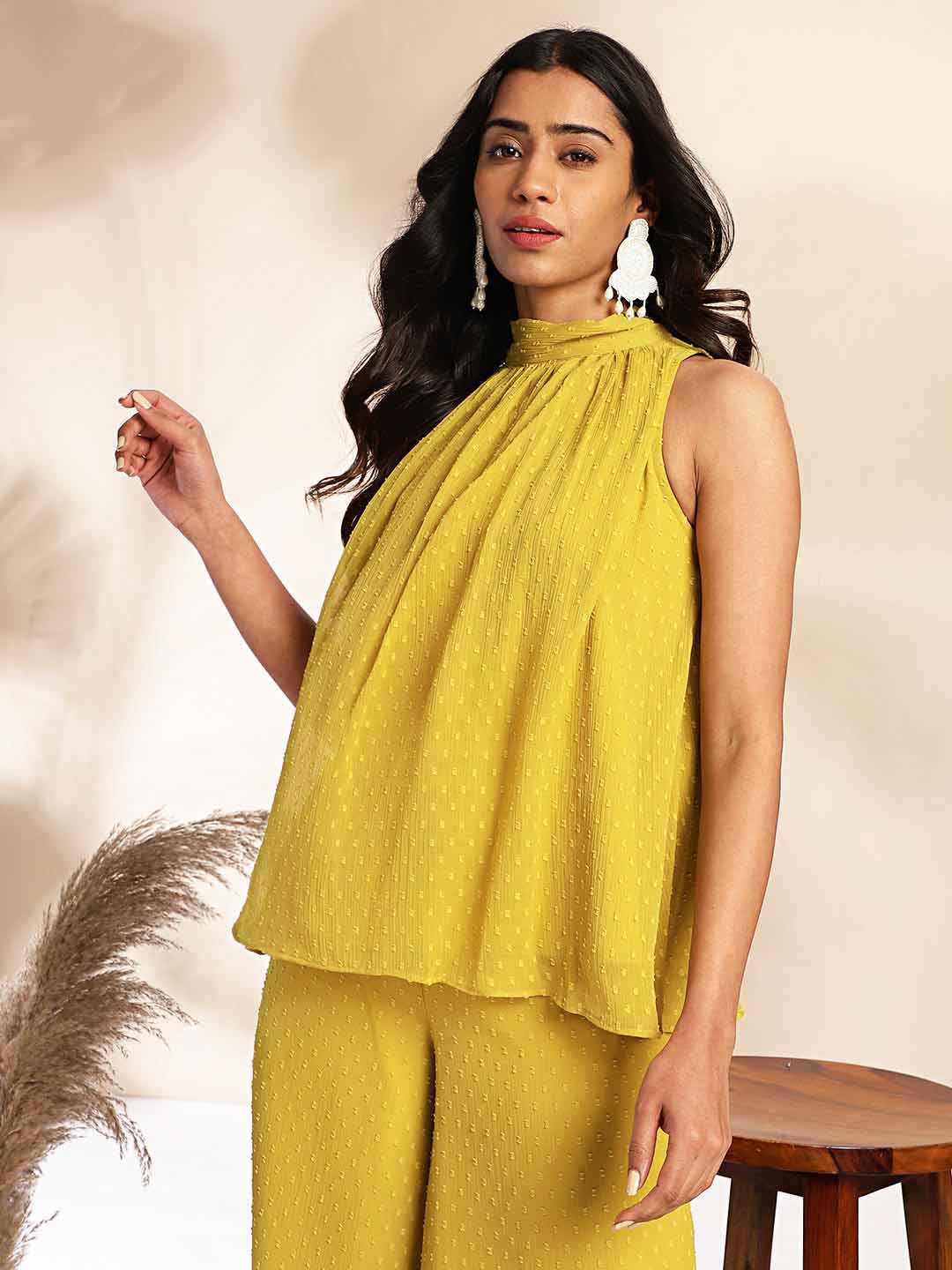 Yellow Dobby Chiffon Solid Co-Ord Set