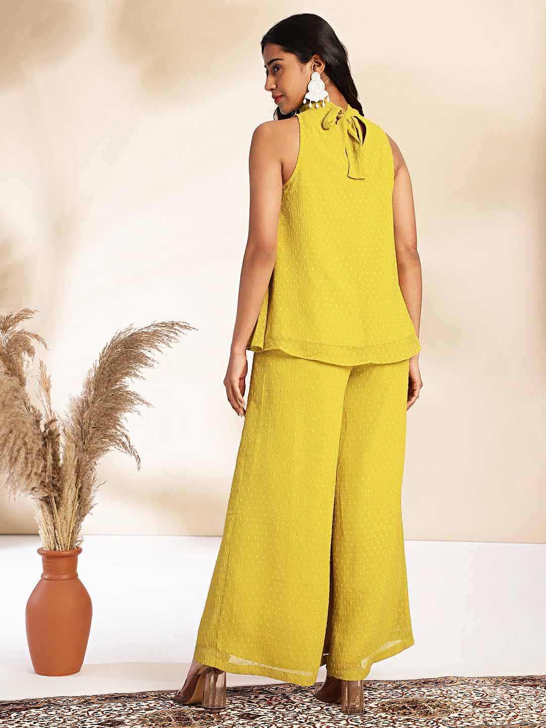 Yellow Dobby Chiffon Solid Co-Ord Set