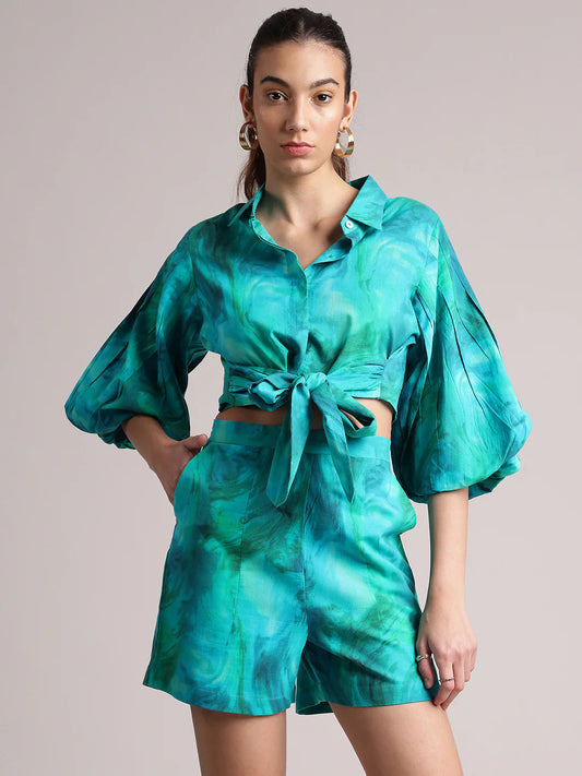 Aqua Cotton Abstract Shirt Style Co-Ord Set