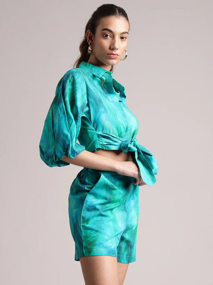 Aqua Cotton Abstract Shirt Style Co-Ord Set