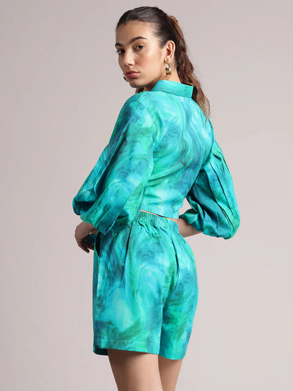 Aqua Cotton Abstract Shirt Style Co-Ord Set