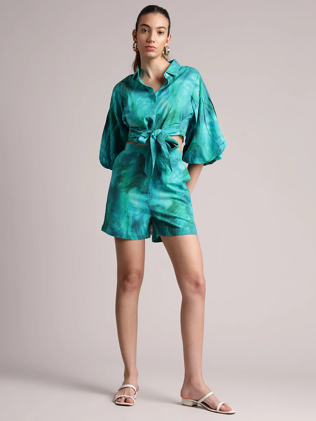 Aqua Cotton Abstract Shirt Style Co-Ord Set