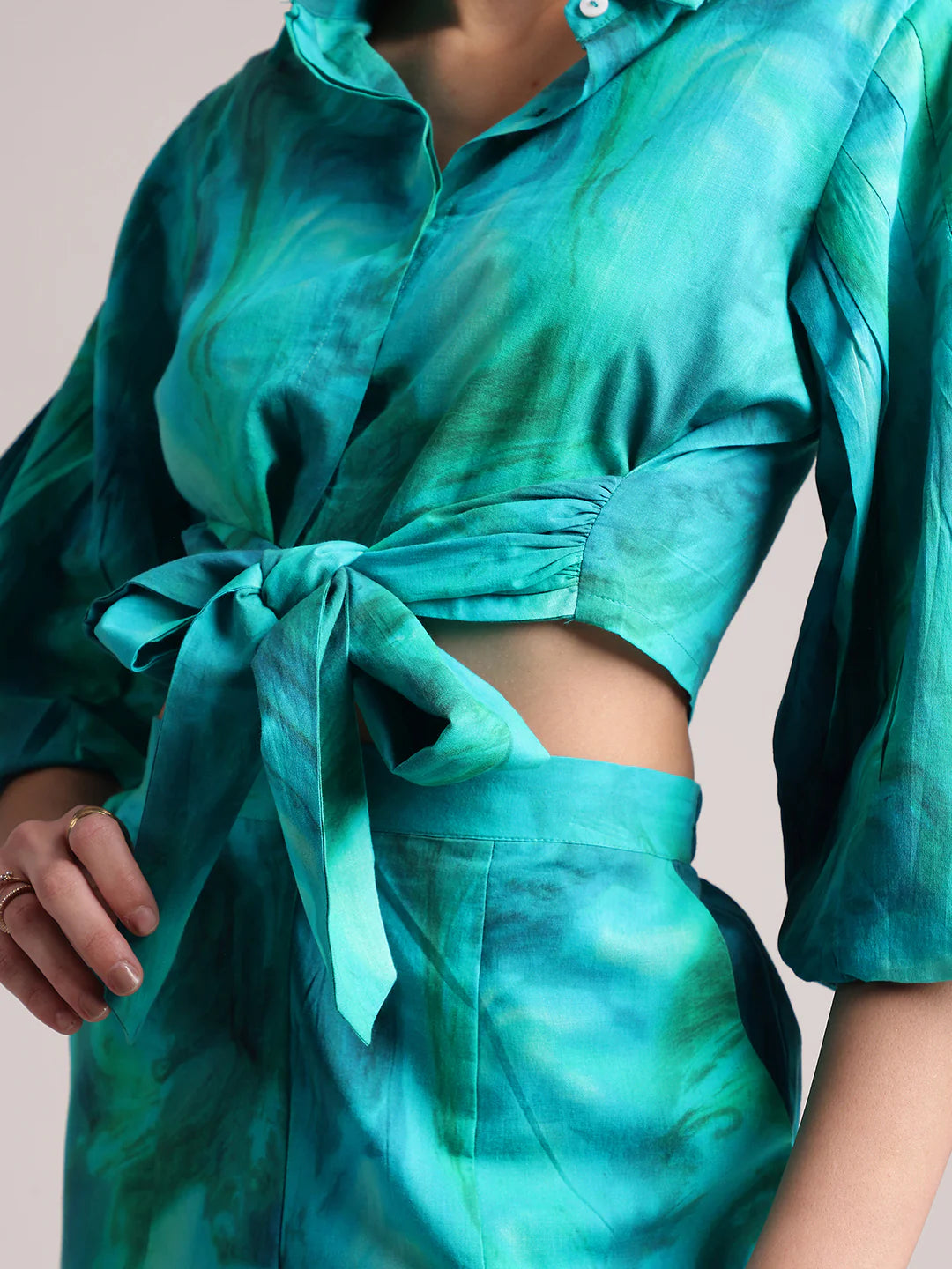 Aqua Cotton Abstract Shirt Style Co-Ord Set