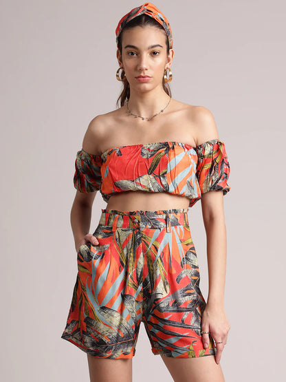 Orange Muslin Tropical Off Shoulder Co-ord Set