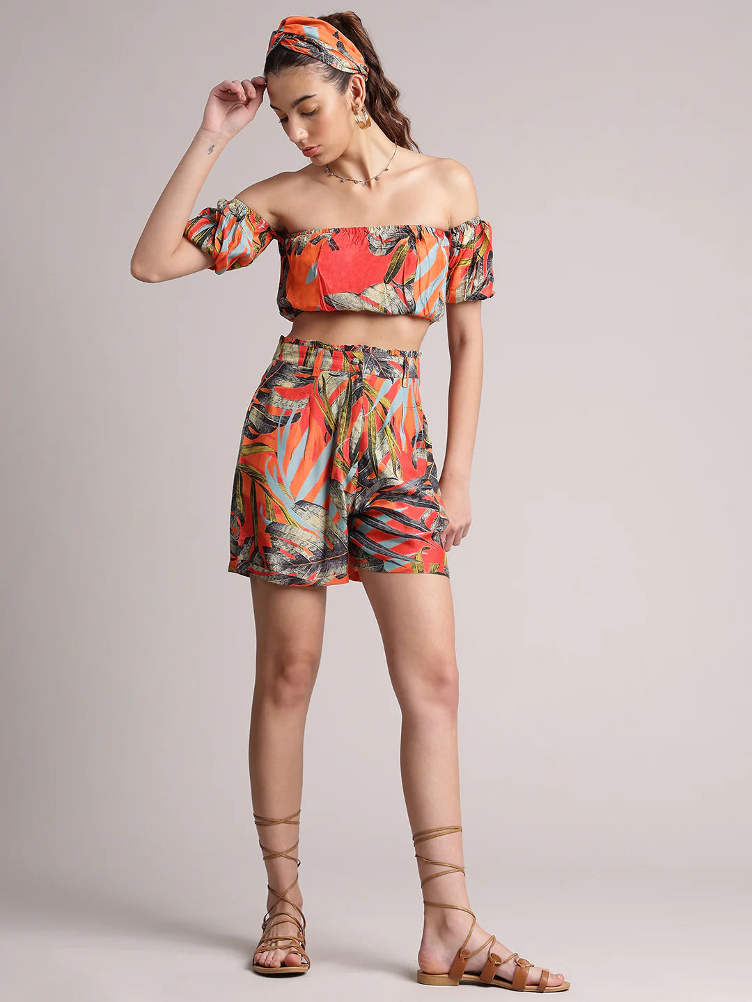 Orange Muslin Tropical Off Shoulder Co-ord Set