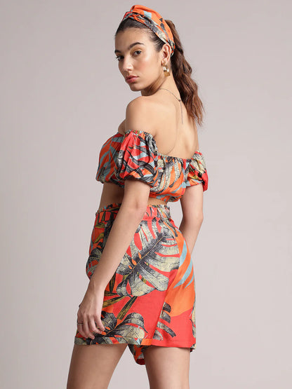 Orange Muslin Tropical Off Shoulder Co-ord Set