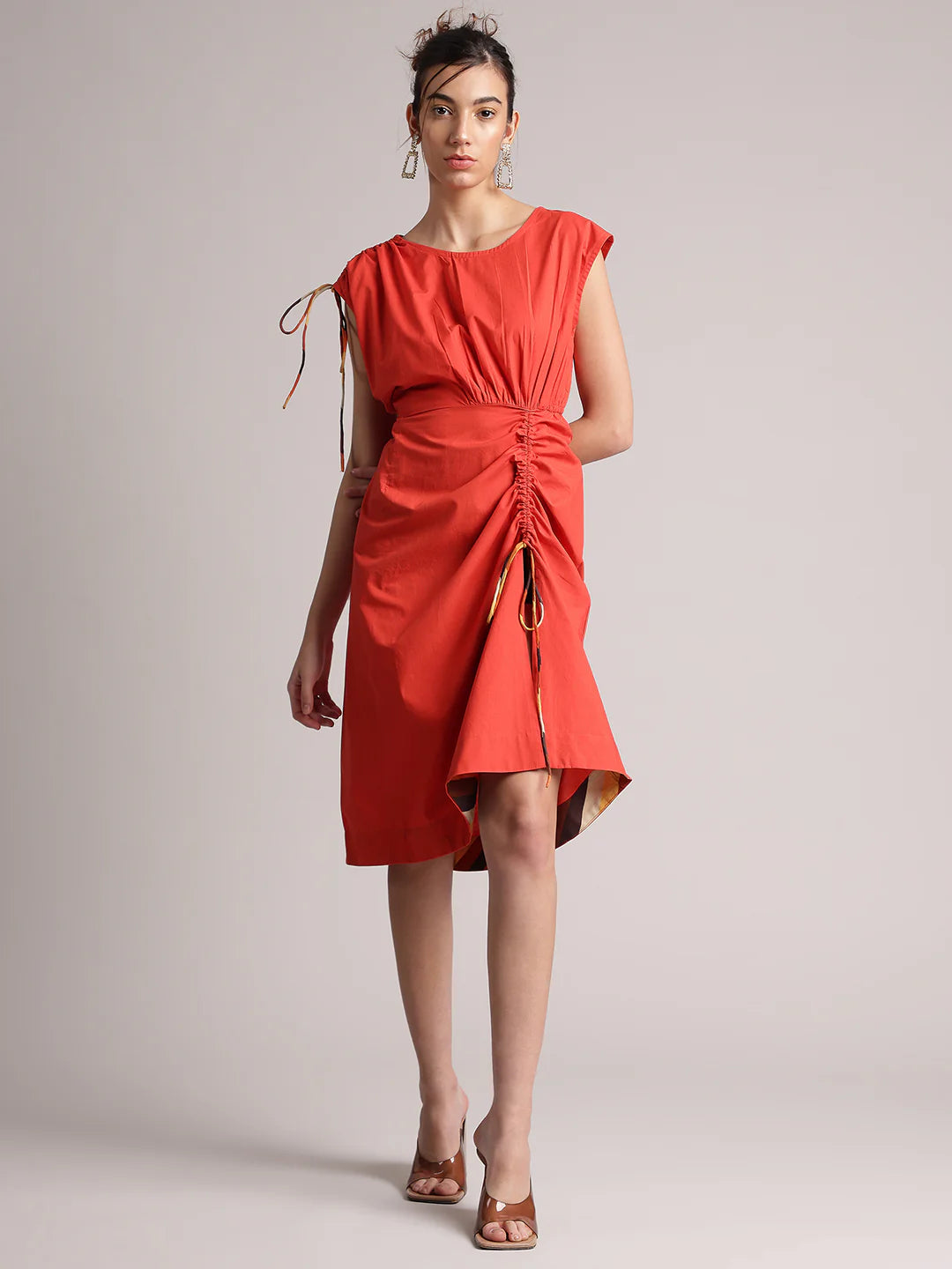 Rust Poplin Solid Ruching Style Dress